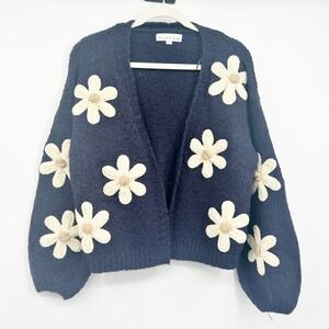 Threaded Leaf Womens Navy Blue 3D Crochet Daisy Cottagecore Cardigan Sweater S